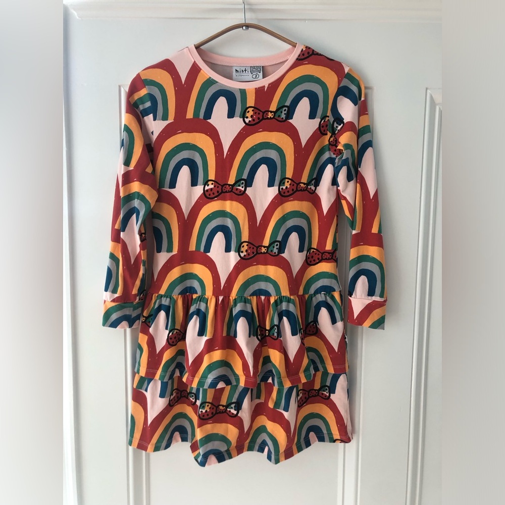 Minti Melbourne Pink Rainbow Print Ruffle Hem Dress
